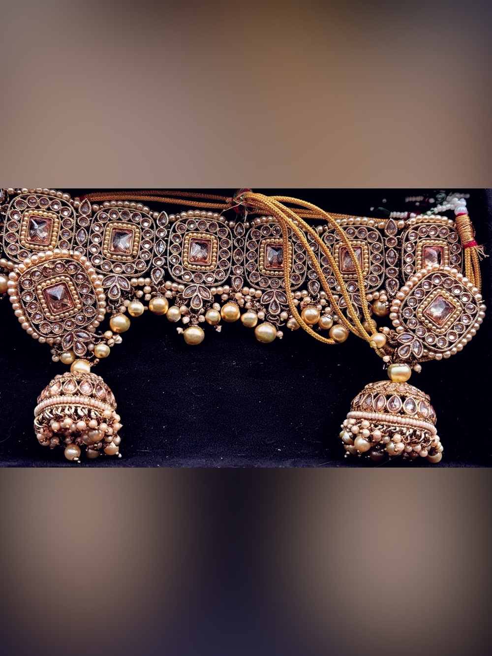 Traditional Gold-Tone Kundan Jhumka Necklace with Pearl Drops